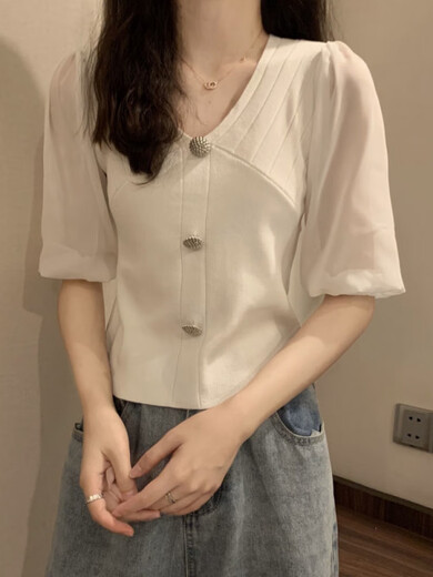 熊司令2025夏新款冰丝雪纺拼接V领短袖针织衫淑女薄款打底衫短款上衣MCL 3523黑色 均码 (70-125斤可穿)