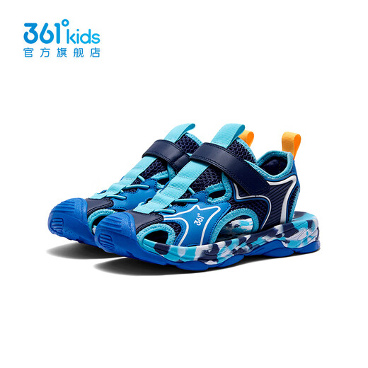 361 Children's shoes for boys and girls, sports and leisure toe-toe sandals, new summer style for middle and large children, soft soles, breathable children's beach shoes, light blue/earth blue/361 degrees white 35