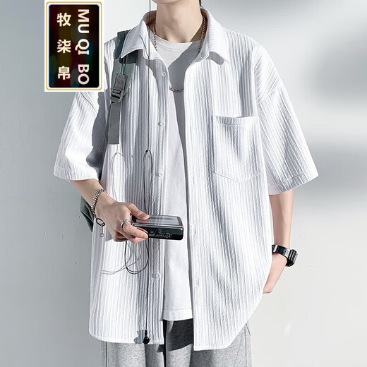 Muqibo (Muqibo) Camisa de manga corta Waffle para hombres en verano estilo Hong Kong Diseño suelto y elegante chaqueta casual de moda de moda para hombres C844 Black XL [130-150Jin [Jin equivale a 0.5 kg]] Deseable