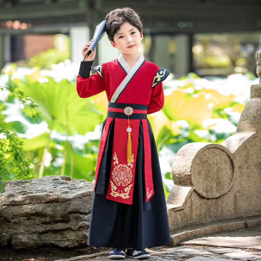 微爱的小松鼠汉服男童 2025新款儿童古风唐装男孩国学演出服夏季6198 知遇-红色 150 cm