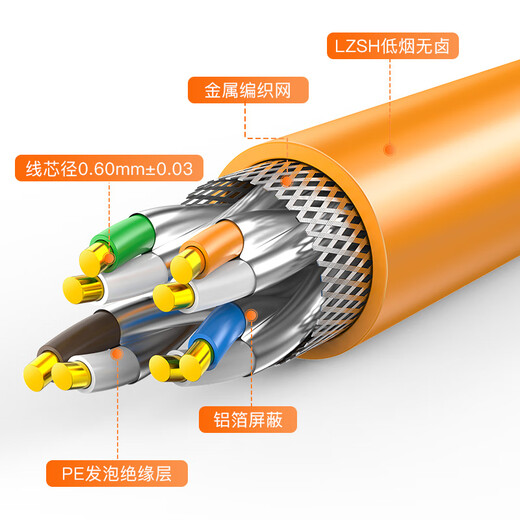 Akihabara Low Smoke, Halogoge sans la flamme d'ingénierie d'ingénierie du réseau de décoration de maison Câble 6 catégories 7 sur 5 sur 6 Gigabit 10 Gigabit Network Broadband Box Câble Câble 7 Double blindage 0,6 mm (QS6172AL) Orange 305 mètres