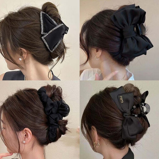 Super Hepburn-style black bow clip for women 2024 new back head headwear fashion shark clip hair card [Same as white deer] satin bow clip (about 1