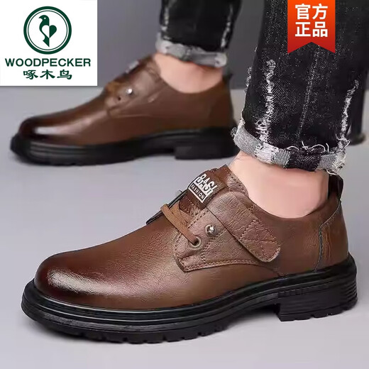 Woodpecker men's shoes new leather Martin boots casual leather shoes men's low top plus fleece boots British work shoes men brown 9908 42 standard leather shoe size
