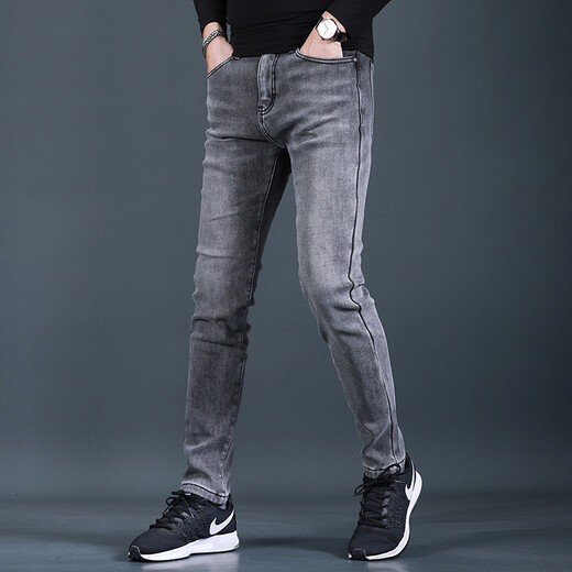 
Fan Litai black jeans men's slim feet pants autumn and winter plus velvet thickened Korean style trendy and casual jeans long trousers QQ 1048 black regular 30