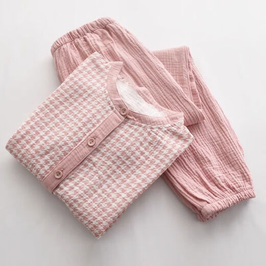 Langsha Gaze -Pyjamas für Frauen im Frühjahr und Herbst Sommer Reine Baumwolle Langarm Hosen Lose dünne Kragen ohne Kragenklimaanlagen Home -Kleidungsstück Y2601 Pink Round Neck Langarm M (80100jin [Jin gleich 0,5 kg]))