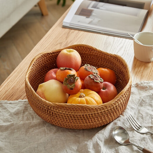 Jiaren Tiancheng rattan fruit basket, Vietnamese bamboo storage basket, living room round woven fruit plate, straw woven steamed bun basket tray product, wavy edge large size 28 9