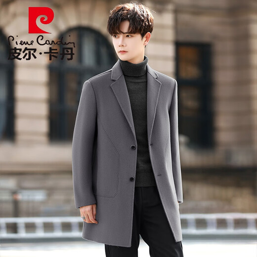 皮尔卡丹（pierre cardin）100羊毛大衣男双面羊毛绒呢子外套冬季新款韩版潮中长款风衣 灰蓝色 【羊毛】 3XL 180-200斤
