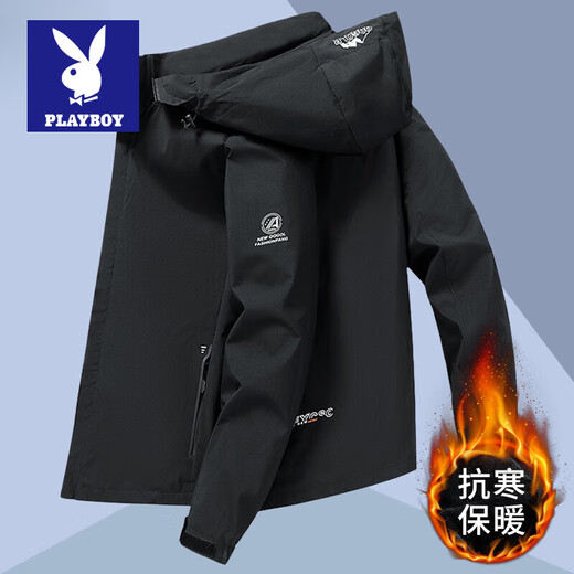 Playboy Jacket Men's Autumn and Winter Work Jacket 2025 Winter Thickened Hooded Jacket Business Casual Men's Top Black Velvet Style XL (Recommended 125-140 Jin Jin equals 0.5 kg)