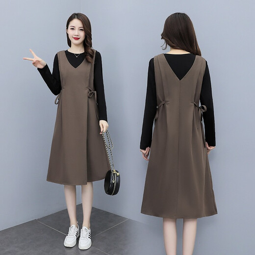 
Ding Weiwei pregnant women's spring and autumn dress suit trendy mother's fashionable loose strap skirt spring and autumn top two-piece set deep coffee XL