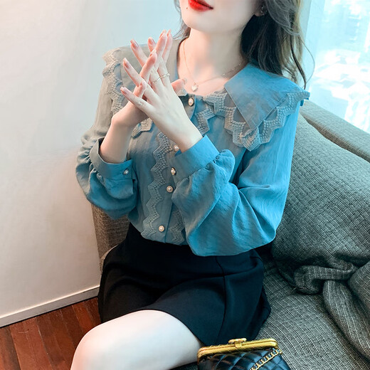 Aubaixi 2026 new autumn style doll collar lace splicing lace chiffon shirt top temperament bottoming shirt for women blue L