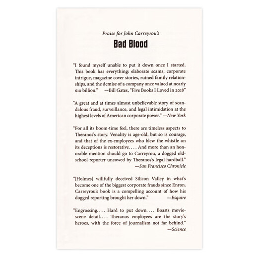 坏血 英文原版 Bad Blood 硅谷独角兽的骗局 滴血成金 恶血 比尔盖茨推荐 搭美国陷阱 从零到一 乔布斯传 马斯克传 滚雪球