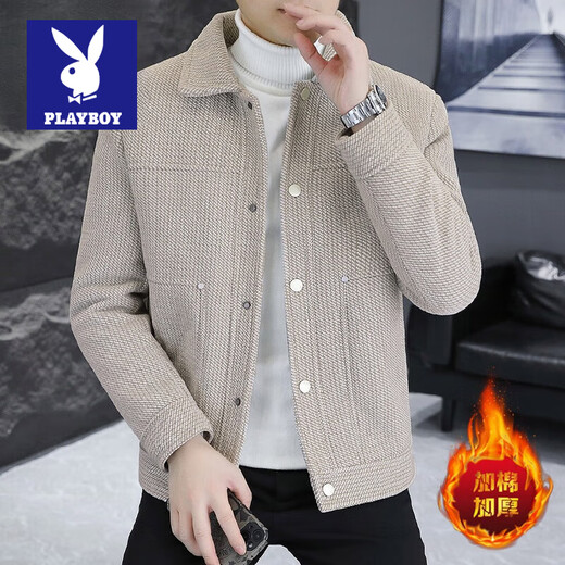 Playboy Autumn and Winter Cotton Thickened Jacket Men's Trendy Brand Casual Youth Short Top Lapel Handsome Men's Thick Work Jacket Black L