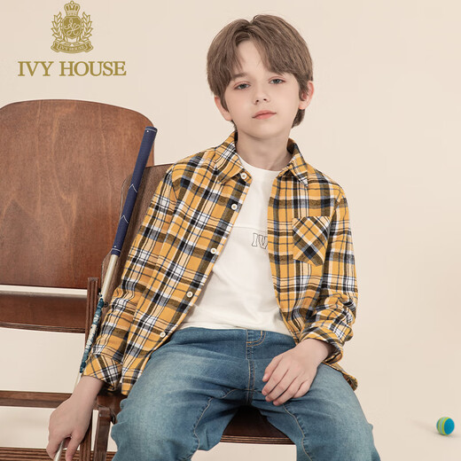 IVY HOUSE Ivy children's clothing boys' long-sleeved shirt big children's autumn new plaid shirt casual sports versatile college style yellow plaid 130cm