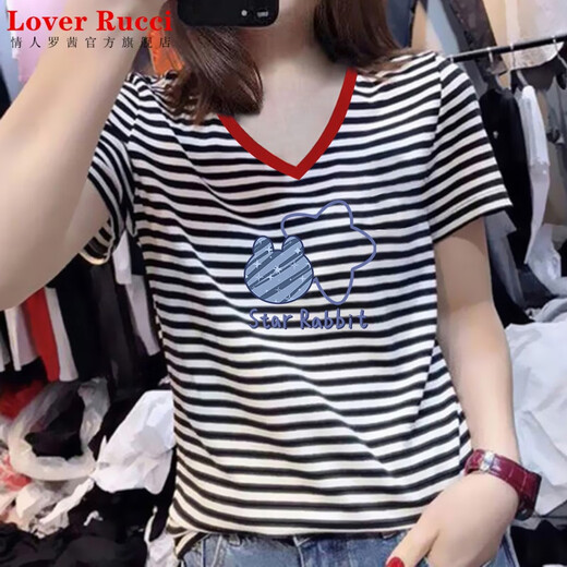 LOVER RUCCI法国女士V领短袖t恤女2025新款欧货正肩鸡心领条纹印花体恤上衣潮 1476黑白条纹【V 领】 3XL