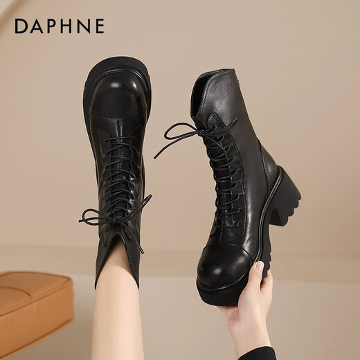 Daphne (DAPHNE) official thick-soled Martin boots for women 2024 new autumn black short boots for women British style small boots for women versatile black [main picture thick-soled V-mouth-6.5cm] 36