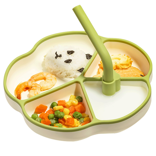 YEEHOO baby meal plate, children's silicone baby suction cup type bowl complementary food partition learning food integrated dining tableware, green and white [straw + dust cover]