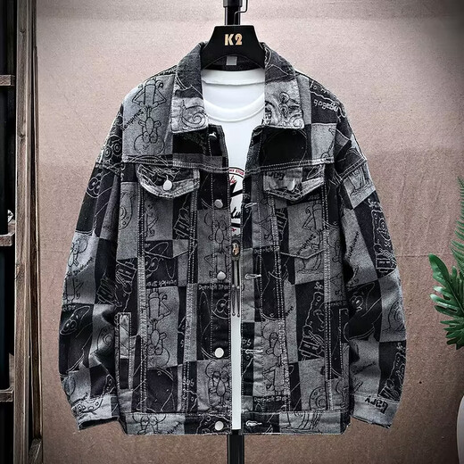 JIAYE Workwear Denim Jacket Men's Spring and Autumn New Casual Handsome American Loose Jacket Men's Trendy Brand Black Gown Black 2XL 175-180cm 150-170Jin Jin equals 0.5 kg