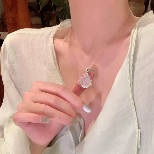 Yin Muchi silver chalcedony Buddha necklace for women, clavicle chain pendant, birthday, Christmas and Valentine's Day gift for girlfriend and wife L2318 white chalcedony Buddha silver necklace