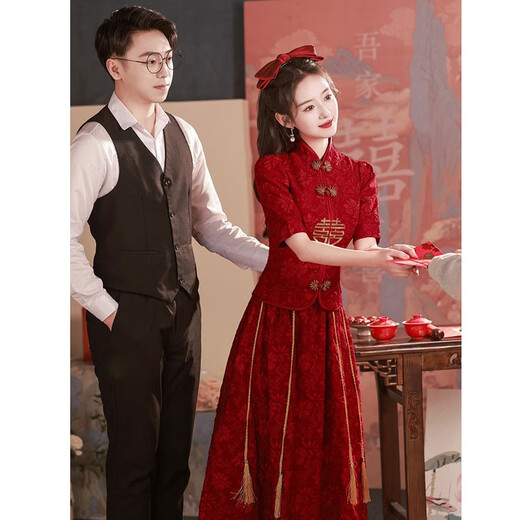 Saidele New Chinese Toast Anzug Braut Burgund Cheongsam modifiziert einfacher XiUhe-Anzug mit mittlerer Aderung Hochzeitskleid Verlobungskleid Burgund M (Empfohlen 96-105 Jin [Jin ist gleich 0,5 kg])