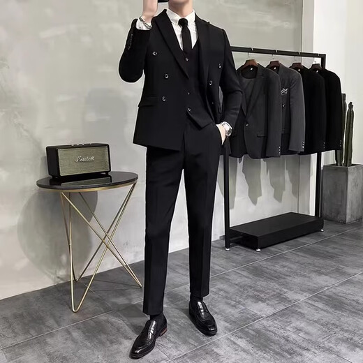 Xinghelai British style double-breasted suit men's suit business casual formal wear groom wedding suit four-piece suit suit + shirt + trousers + black tie XL