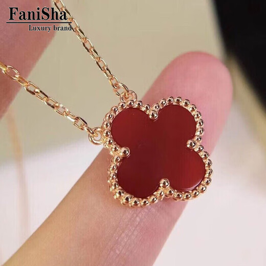 Fanesa light luxury four-leaf clover necklace for women large 18K gold rose gold au750 pendant birthday 520 Valentine's Day gift red agate four-leaf clover high-end version 15mm (4.5g)