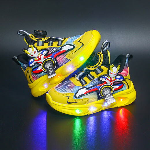 
GDUCK KIDS Ultraman Boys Shoes 2024 New autumn and winter plus velvet luminous shoes Children's rotating button anti-slip sports shoes Blue Ultraman leather 9923 Rotating button light 28 Inner length 17.3 cm