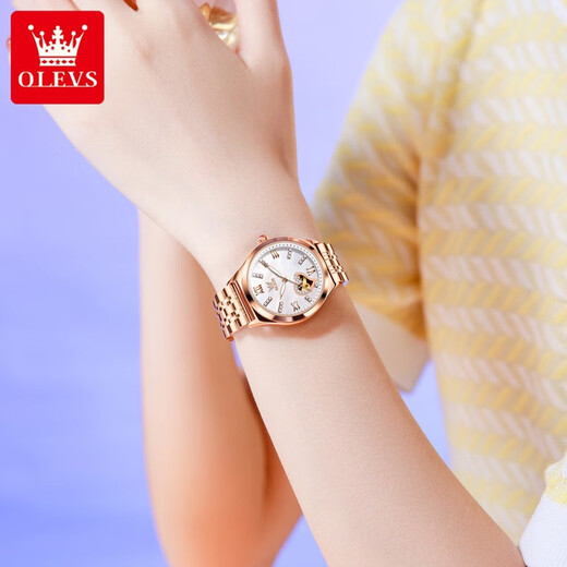 
OLEVS Swiss certified brand watch women's mechanical watch fully automatic waterproof luminous women's watch hollow diamond-set fashion watch OLEVS-6636-steel belt rose shell white surface