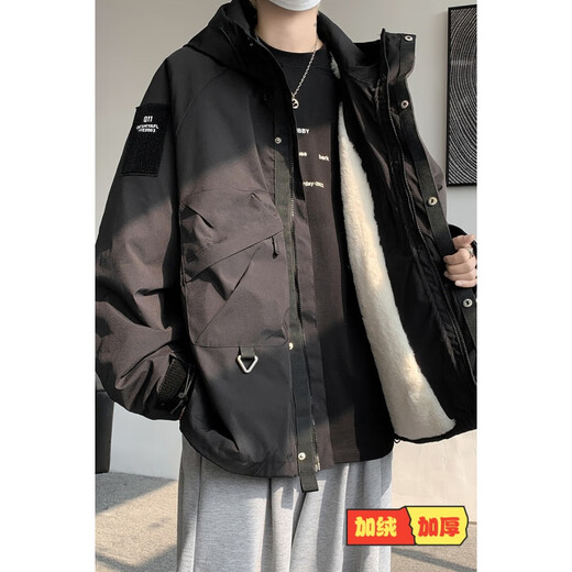 Poke Workwear Assault Cotton Clothes Men's Winter Velvet Thickened Lamb Velvet Plus Size Cotton Jackets Loose and Handsome Cotton Jackets Black Velvet Style XL 120-140Jin Jin is equal to 0.5 kg