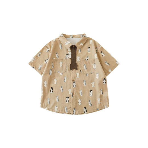 幼悠 三个伙伴数码印花翻领宽松清凉短袖T恤男童夏装衬衫背带裤潮 衬衫卡其（N3894） 90cm