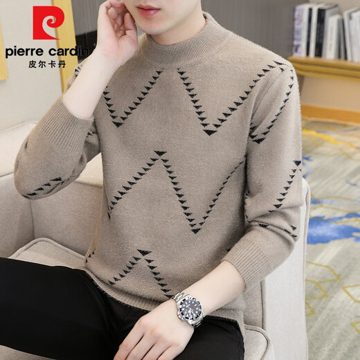 Pierre Cardin Mink Velvet Half Turtleneck Sweater Men's Autumn and Winter Thickened Knitted Bottoming Shirt Trendy High-end Inner Cardigan Khaki M 95-115Jin Jin is equal to 0.5 kg