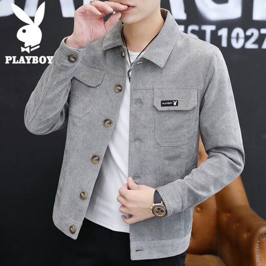 Playboy Jacket Men's Autumn 2021 New Korean Style Trendy Casual Jacket Work Clothes Men's Lapel Hong Kong Style Youth Windproof Large Size Top Gray XL