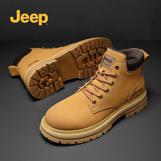 吉普（JEEP）马丁靴男春秋新款复古美式工装靴二层牛皮耐磨踢不烂大黄靴 金黄色（皮鞋码） 42 (260mm)
