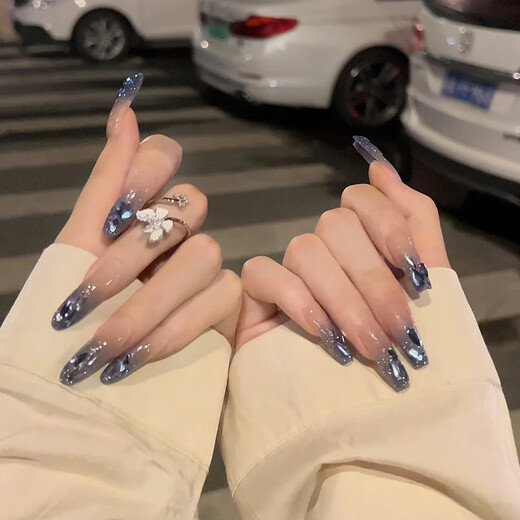 美甲贴片手工穿戴甲甲片批发碎钻闪粉长款指甲贴成品果冻胶春 BY1047#晶莹紫蝶 1件 胶水款