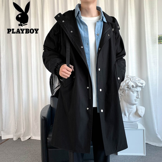 花花公子（PLAYBOY）中长款风衣男夏季棉薄潮牌休闲装棉服潮流连帽大衣宽松外套 F698绿色 M 90至120斤可穿