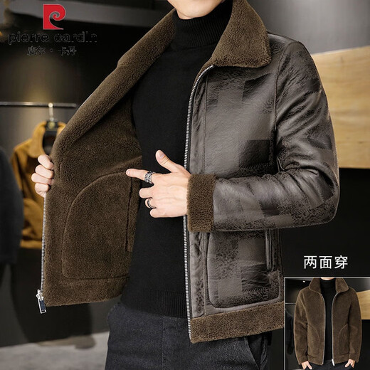 Pierre Cardin brand high-end men's clothing fur one-piece jacket men's loose woolen coat plus velvet thickening winter leather reversible wool velvet coat knitted brown warm and reversible 3XL
