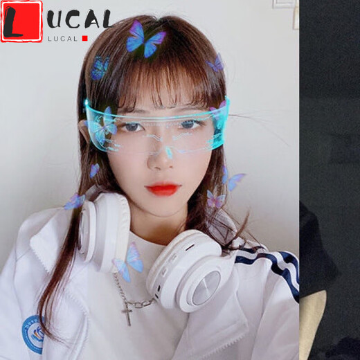 LUCALY's new Internet celebrity sunglasses, technology-sense luminous glasses, disco and Douyin female cyberpunk atmosphere props, luxurious and colorful (can be controlled), two batteries