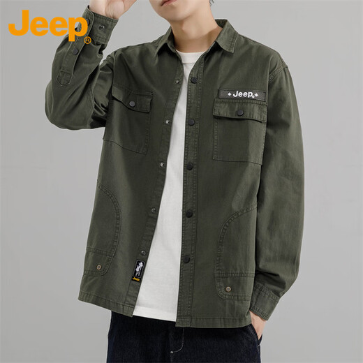 JEEP Jeep shirt men's spring and autumn long-sleeved shirt work jacket loose casual clothes men's military green 4XL