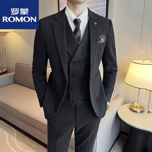 ROMON Groom's Suit Men's Slim Woolen Suit Men's Suit Wedding Dress Khaki Thickened Winter Off-White (Suit + Pants + Vest) Tie M