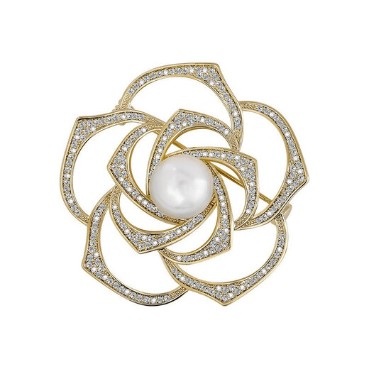 QUAMER2024 Camellia Small Fragrance Brooch French Full Diamond Zirconia Creative Hollow Corsage West Gold