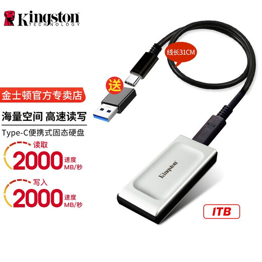 金士顿（Kingston） PSSD移动固态硬盘Type-C外接小巧移动硬盘 小形迷你手机可用USB3.2 SXS2000移动硬盘 1T+Type-C转接头+硅胶套+收纳包