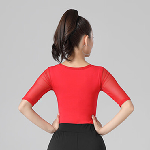 
GUBPMTSHIM Latin dance top women's mid-sleeved round neck Chacha ballroom dance practice suit autumn new style Jitba dance suit short sleeve black B829 mid-sleeved top XL
