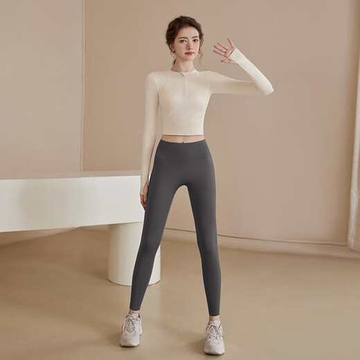 Youyou yoga top spring and summer long-sleeved new running sports women's high-end fitness wear Pilates suit J33009 apricot top + gray pants M (recommended 95-115Jin Jin equals 0.5 kg)