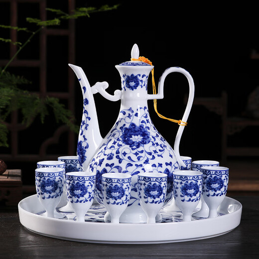 Xihe Yinyao Xihetang Jingdezhen Ceramic Wine Set Liquor Goblet Spirit Cup Blue and White Flask Set Wine Cup Moshanshui Style (1 Pot, 10 Cups, 1 Tray)