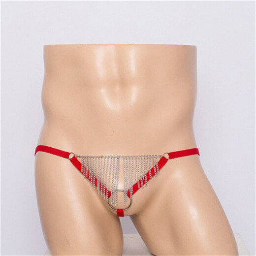 Men's thong with one strap sexy transparent bag gun bullet separation iron ring tassel lace physiological underwear men's sex toys white one size red