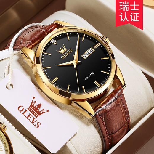 Olevs Swiss Certified Watch Männer Vollautomatische mechanische Uhr Herrenuhr wasserdichte leuchtende Doppelkalender Herrenuhr für Freund Olevs-6629 Men-Brown Leder Black Face