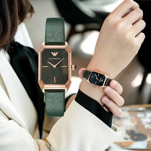 安普里奥·阿玛尼（Emporio Armani）手表女士满天星时尚气质皮带复古方盘石英钢带腕表情人节生日礼物 网红复古方形小绿表AR11149