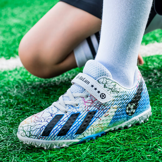 
He Yangyu 2024 New Mandarin Duck Children's Football Shoes Boys Primary School Velcro TF Broken Nails Football Training Shoes Girls 6199 Black and Blue Broken Nails [Buy one + five] 32
