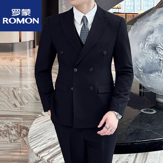 ROMON dark green suit men's suit groom double-breasted suit men's casual slim wedding dress peaked lapel dark green (suit + pants) tie M