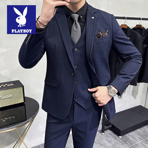 花花公子条纹西服套装男士正装职业小西装结婚新郎礼服修身商务休闲伴郎 雾灰色两件套 (上衣+裤子) 50/L 110-120斤穿