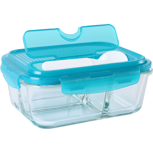 LOCK&LOCK heat-resistant glass fresh-keeping microwaveable refrigerated three-part lunch box for office workers and students fruit lunch box with fork and spoon 1L